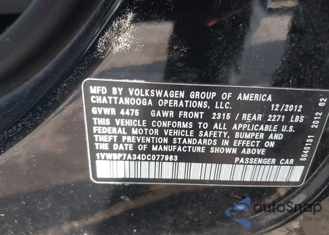2013 Volkswagen Passat 2.5L Se from USA, damaged, VIN 1VWBP7A34DC077963